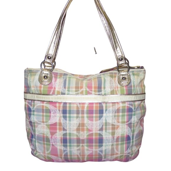 Coach 2012 Poppy Madras Plaid Pattern canvas & leather sequined tote satchel Bag - Picture 2 of 12